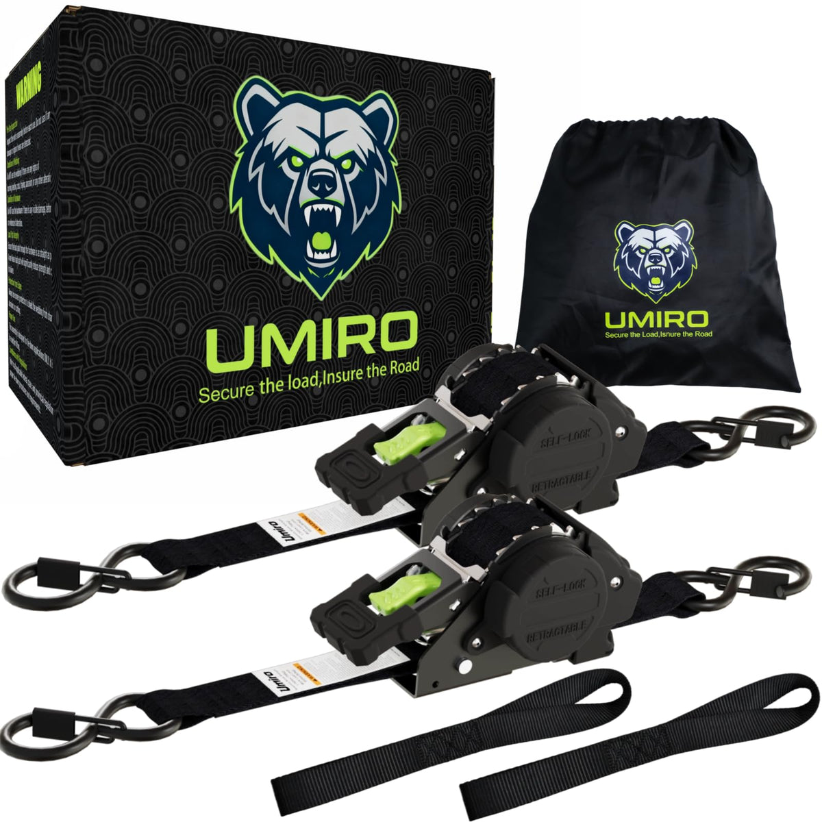 UMIRO retractable ratchet strap closeup in black green for versatile cargo securing
