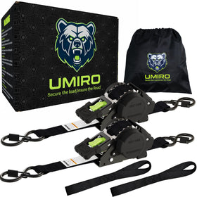 UMIRO retractable ratchet strap closeup in black green for versatile cargo securing