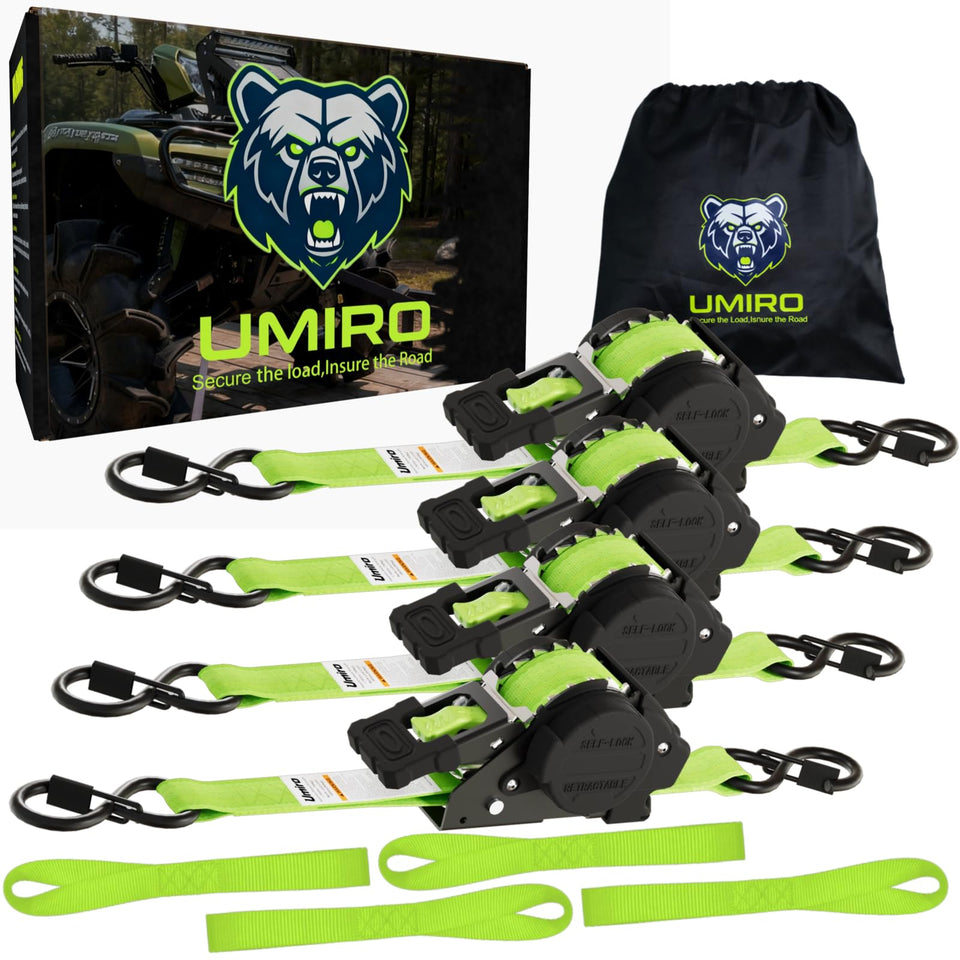 UMIRO retractable ratchet strap 4-pack in fluorescent green secures cargo neatly.