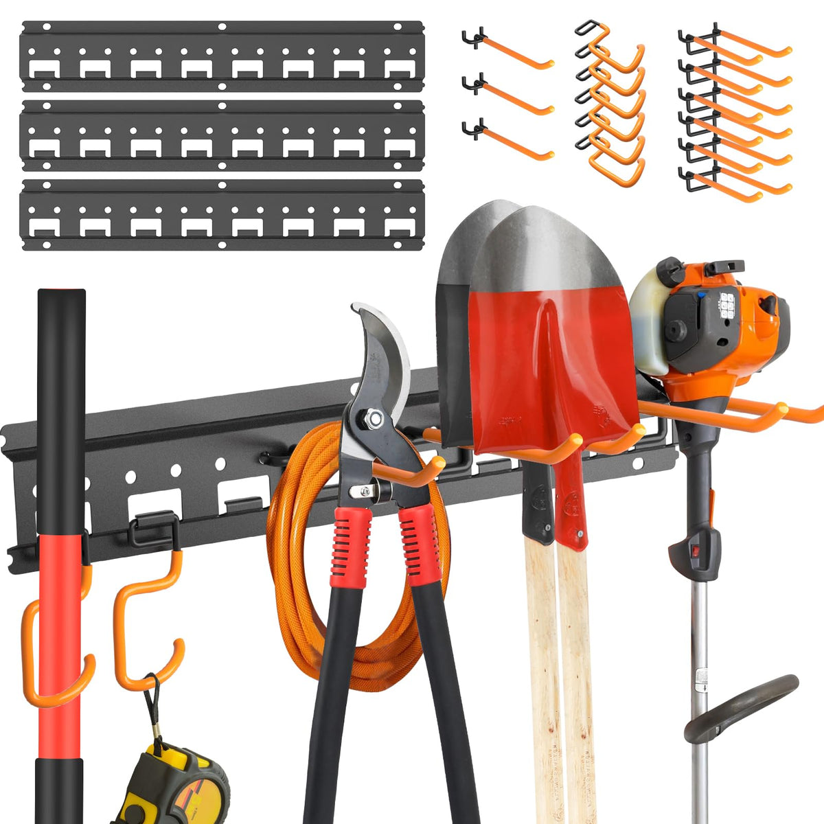 Unaikoo garden tool organizer on wall mount with pegboard rails for easy access