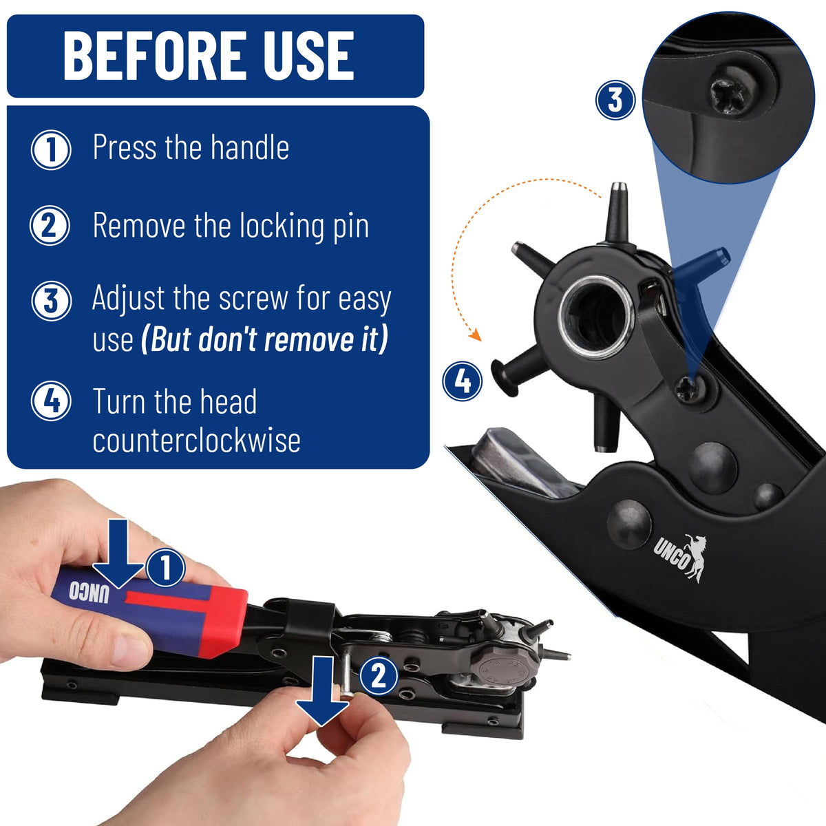 UNCO belt and watch strap hole punch for precise customization
