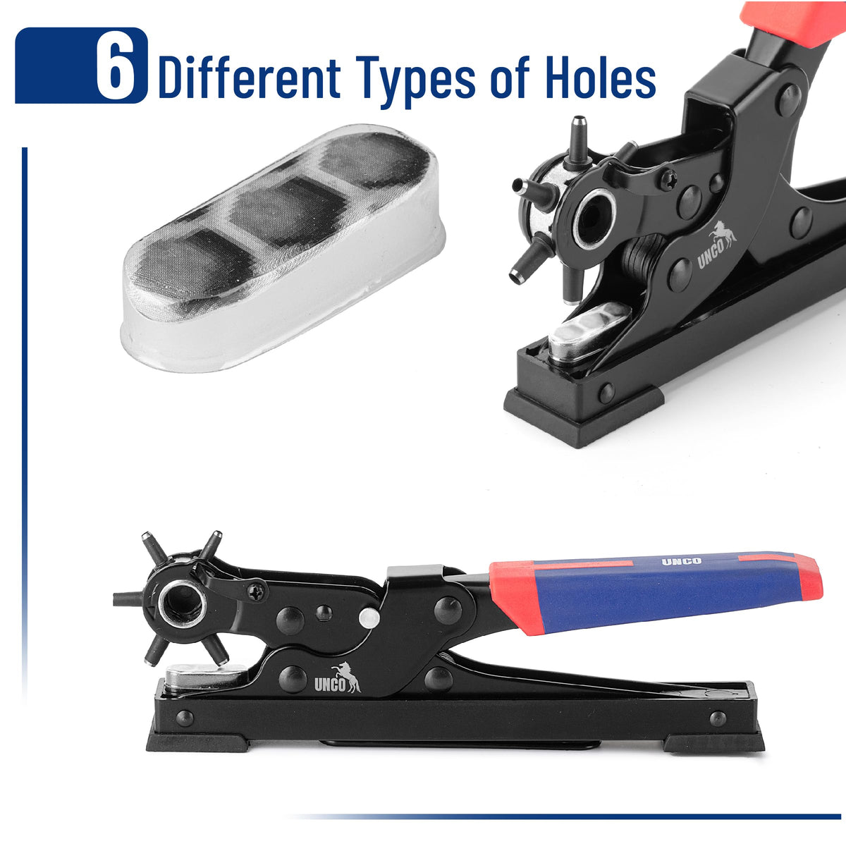 UNCO six size hole dies showing versatile punch options