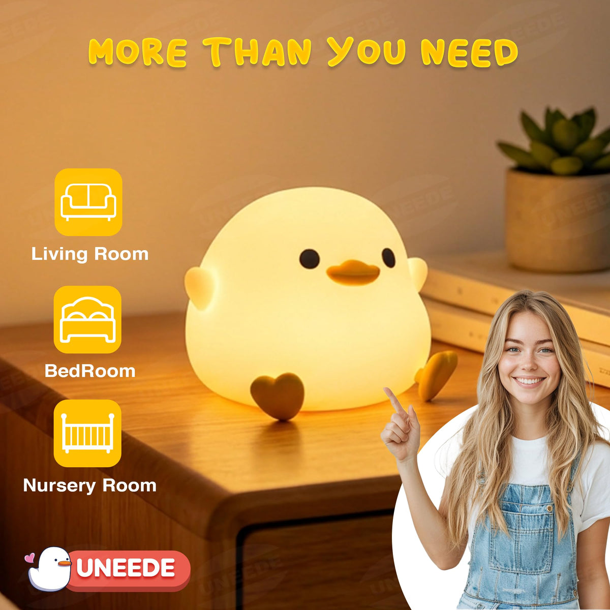 UNEEDE portable duck night light for desks, bedsides, and shelves.