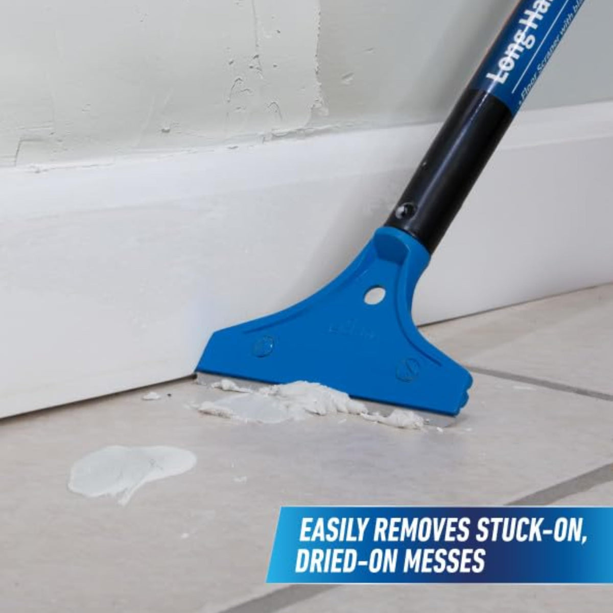 Unger floor scraper angled head enables scraping under grime without kneeling.