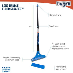 Unger tool scraping tile and marble surfaces with high-gloss finish.
