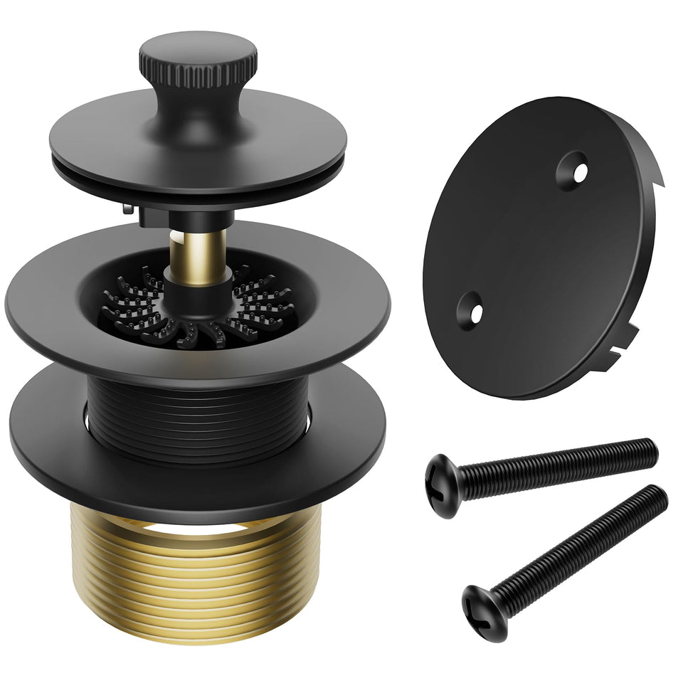 Uni-Green matte black tub drain stopper catching hair and preventing clogs