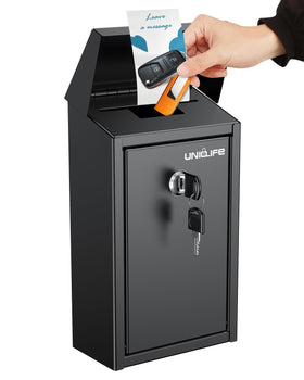 Uniclife donation box wall-mounted with top slot for secure drop-offs outdoors.
