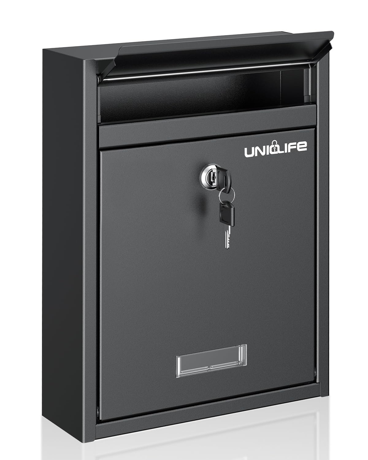 Uniclife wall-mounted mailbox front view shows durable steel construction.