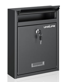 Uniclife wall-mounted mailbox front view shows durable steel construction.