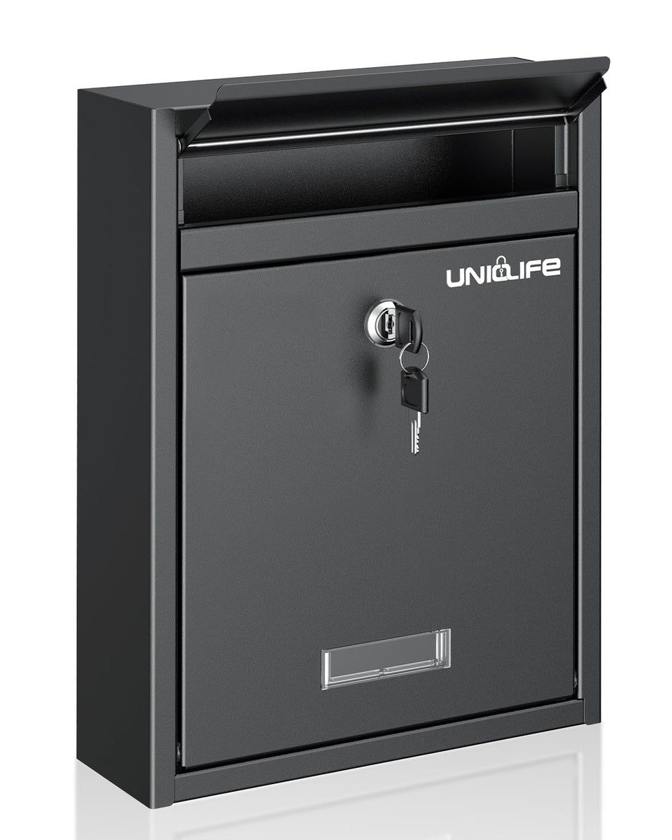 Uniclife wall-mounted mailbox front view shows durable steel construction.