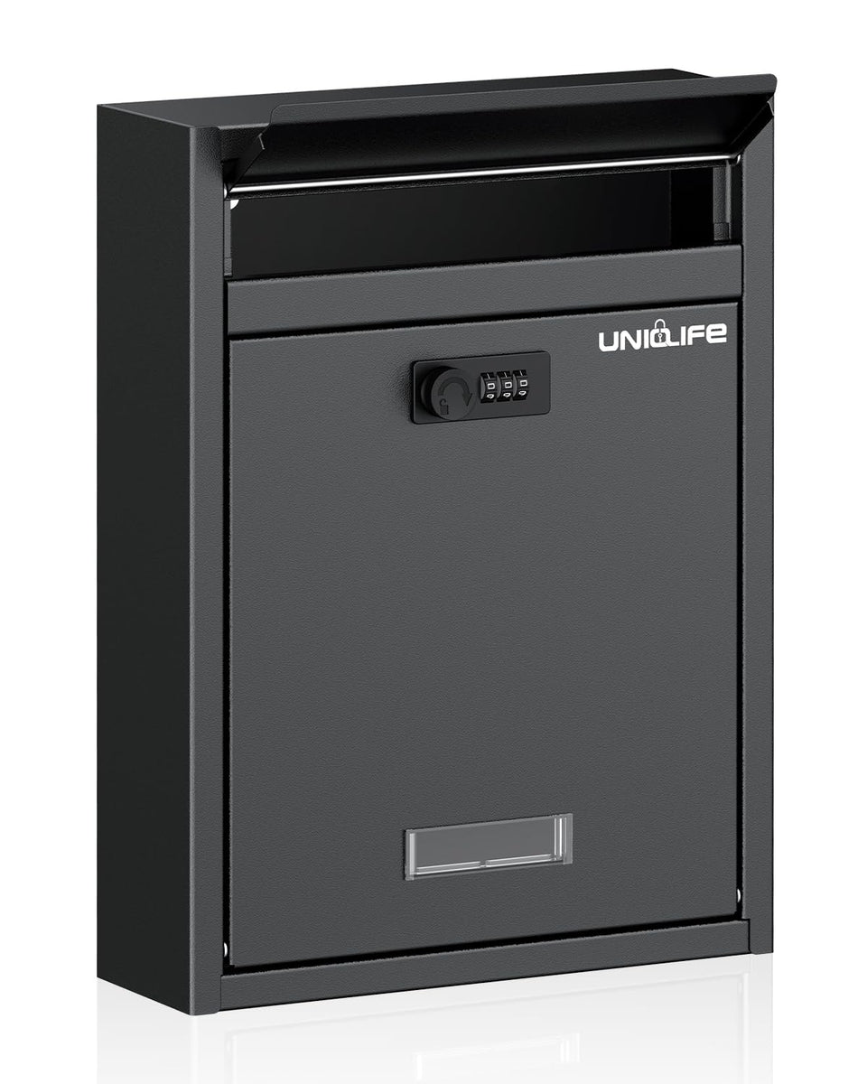Uniclife wall-mount mailbox front view shows secure letter drop for home use