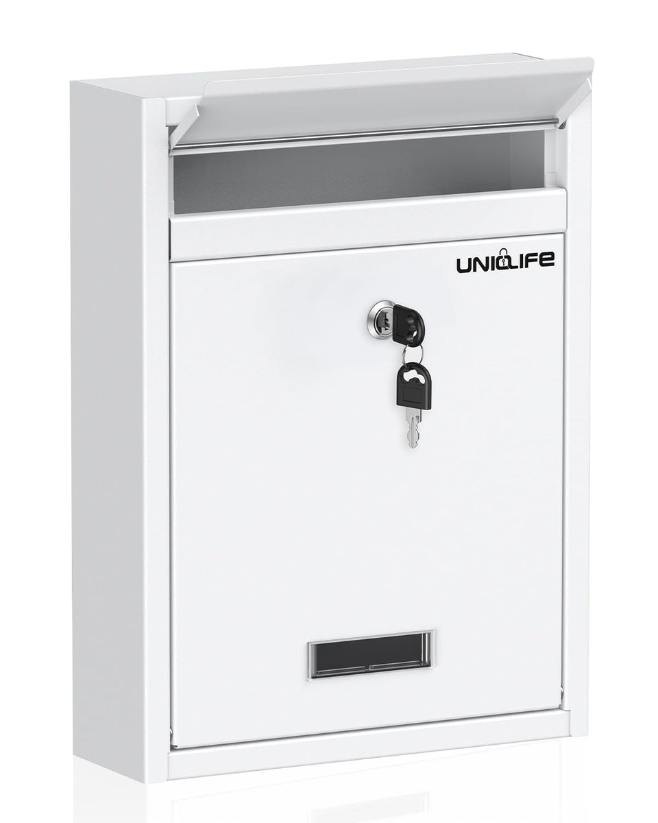 Uniclife wall-mount mailbox front view showing secure outside delivery