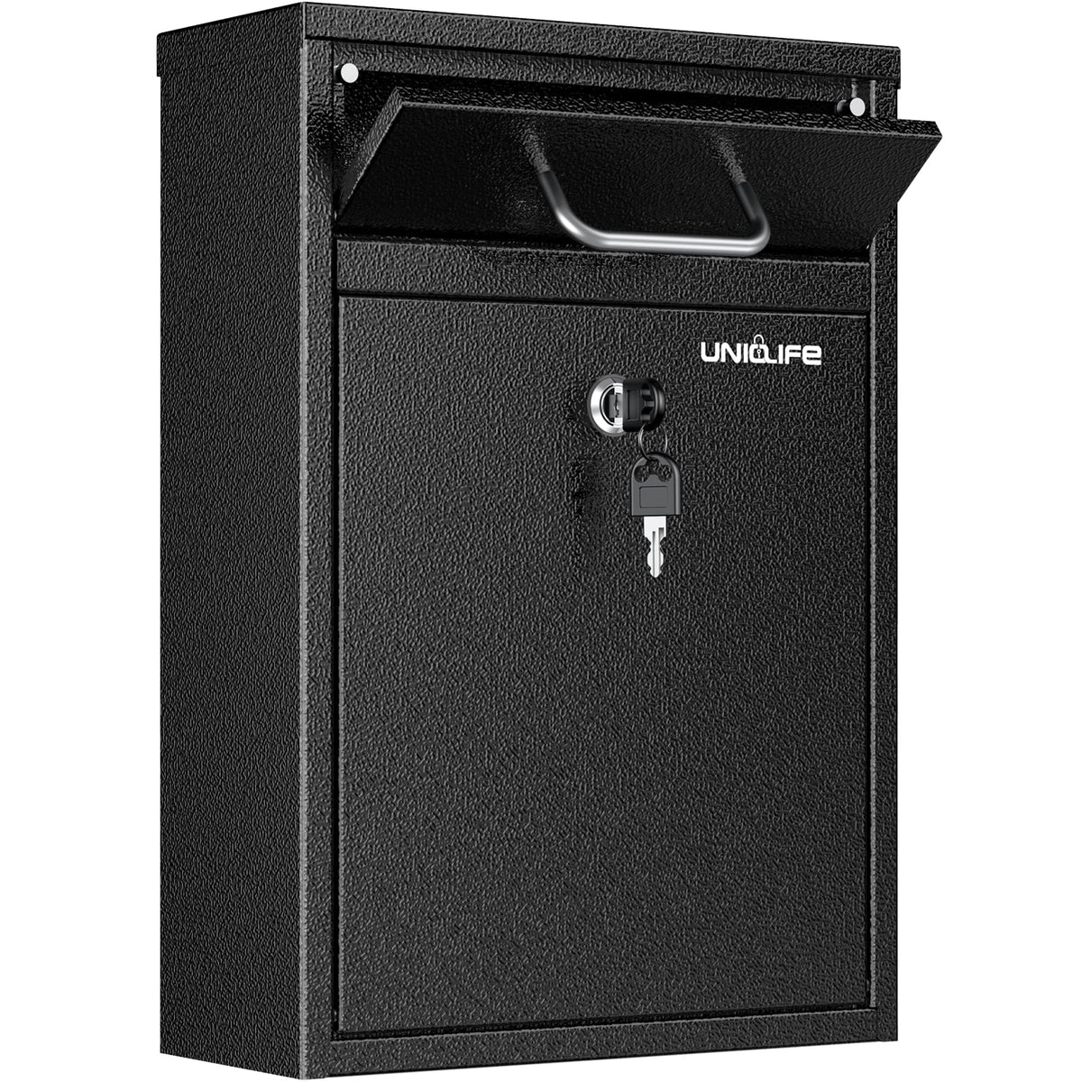 Uniclife wall-mount mailbox in black offers secure outdoor mail storage