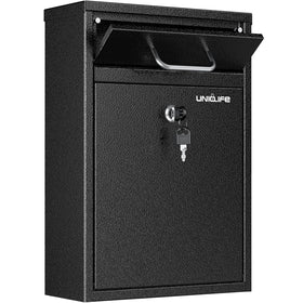 Uniclife wall-mount mailbox in black offers secure outdoor mail storage