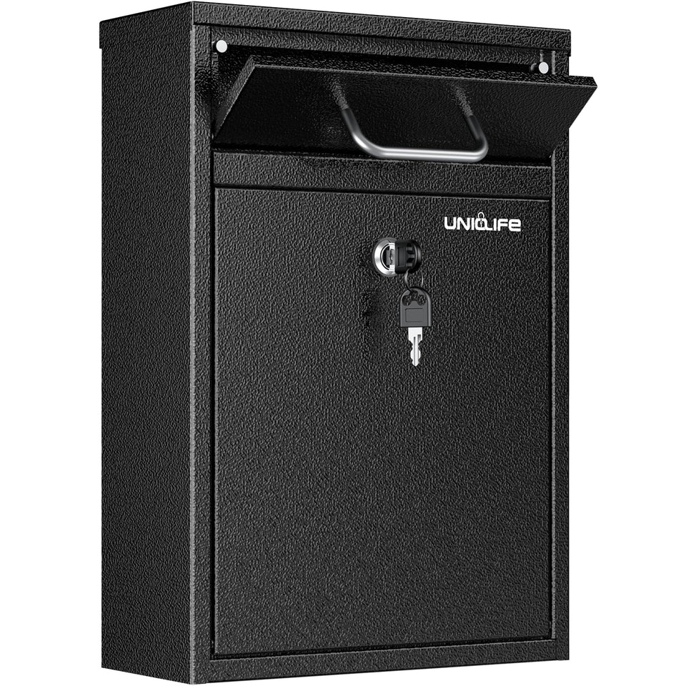Uniclife wall-mount mailbox in black offers secure outdoor mail storage