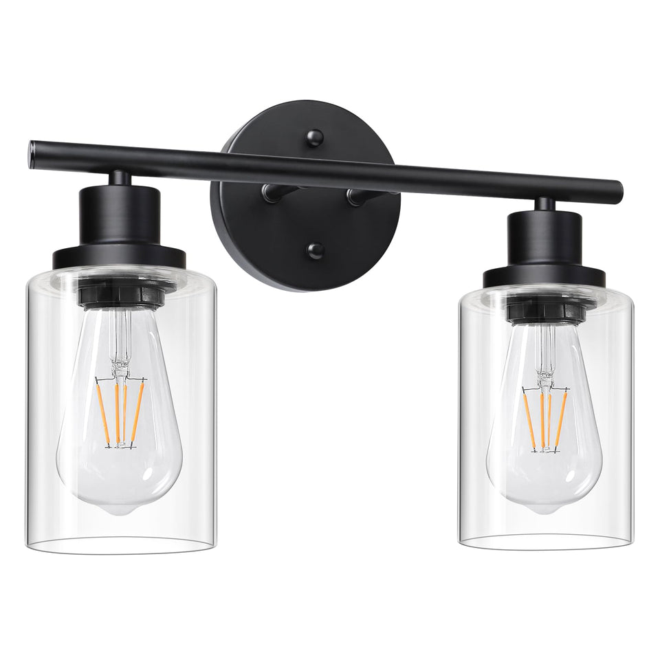 Unicozin 2-light vanity lights in black with clear glass for the modern bathroom mirror.