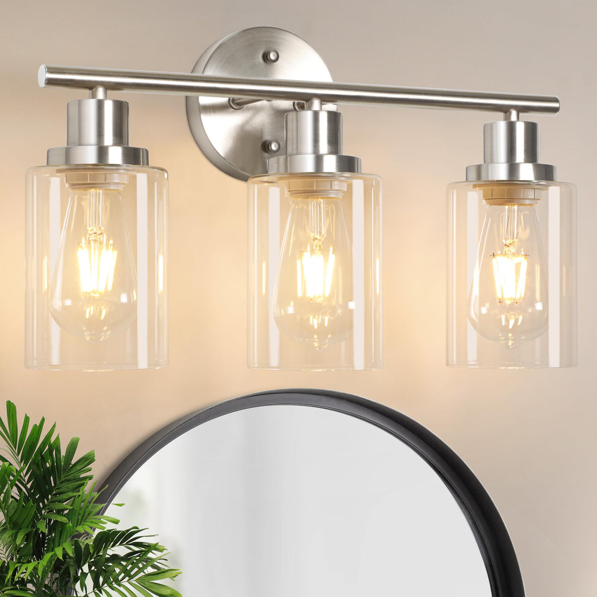 Unicozin 3-light vanity light with brushed nickel finish enhances bathroom mirror illumination.