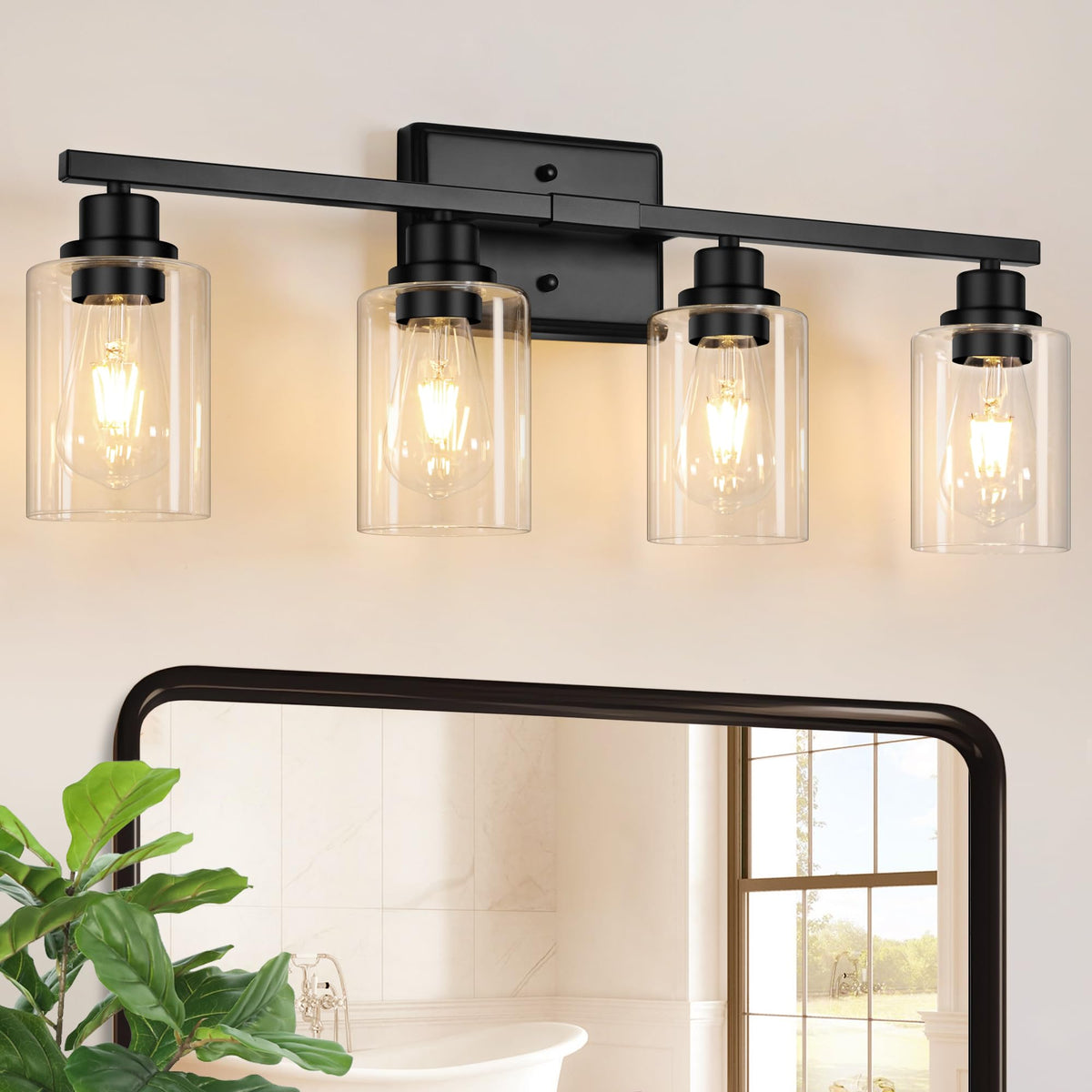 Unicozin 4-light vanity light mounted over mirror with clear glass shades for a bright bathroom vanity