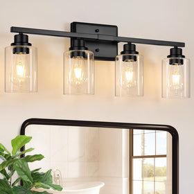 Unicozin 4-light vanity light mounted over mirror with clear glass shades for a bright bathroom vanity