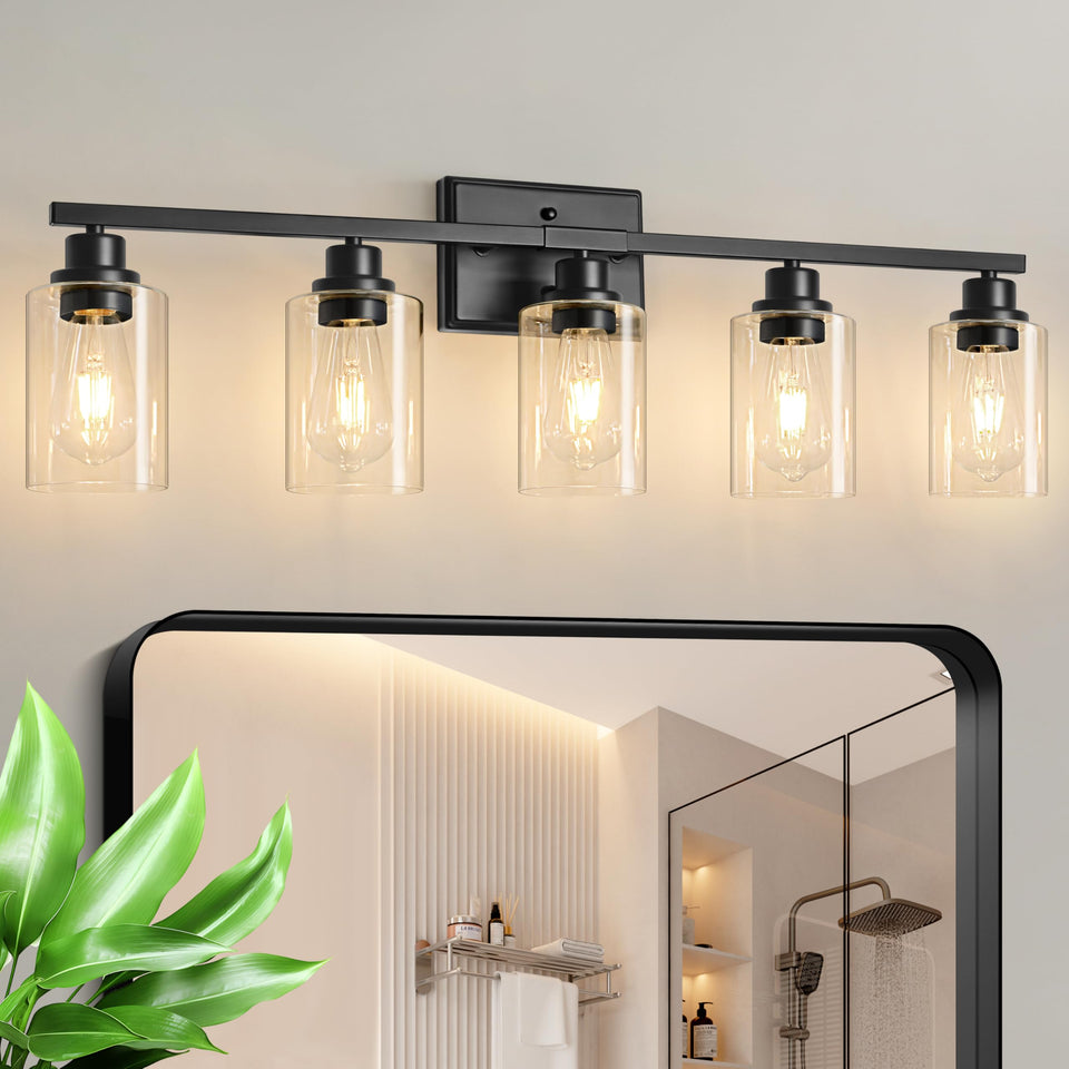 Unicozin 5-light vanity fixture over mirror provides bright, even illumination for grooming tasks.