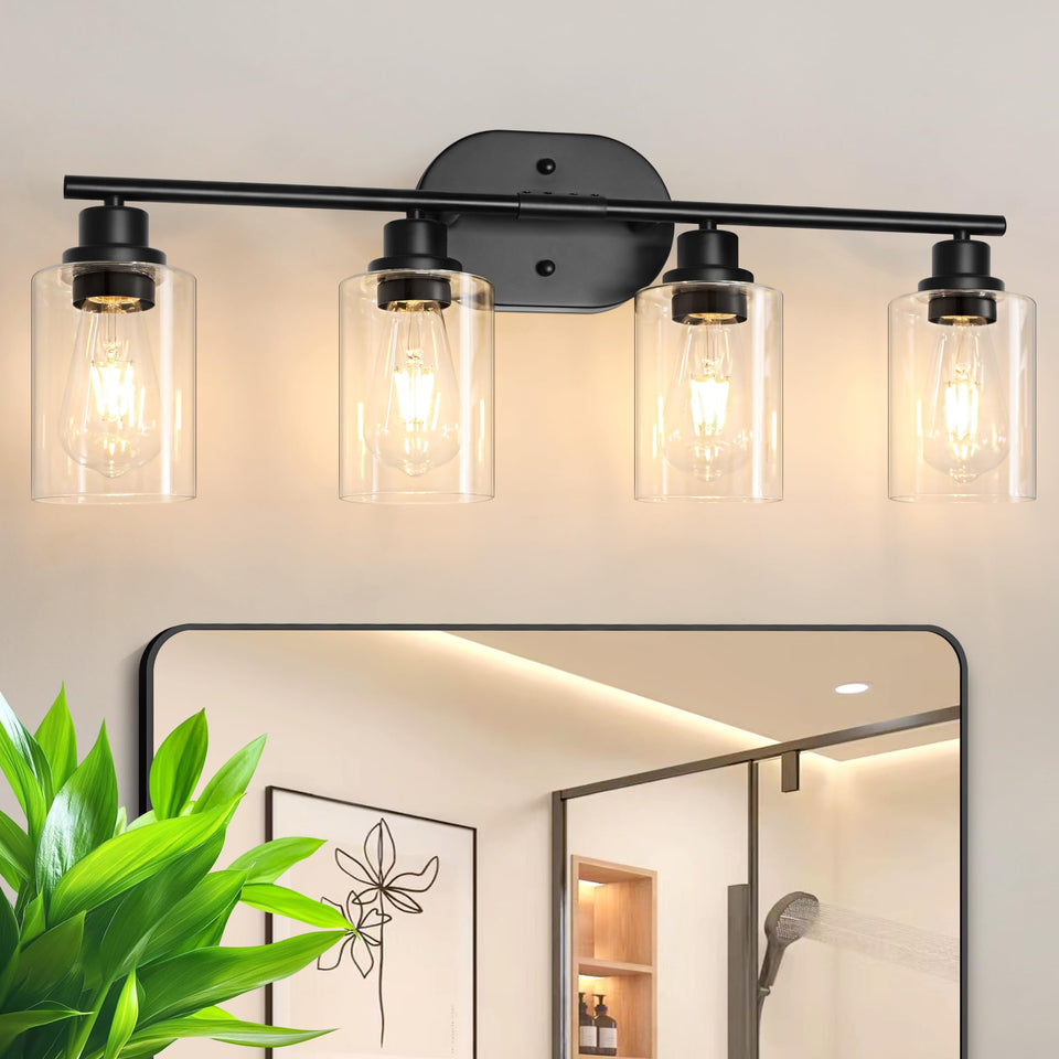 Unicozin four-light vanity fixture in black matte with clear glass shades brightens baths.