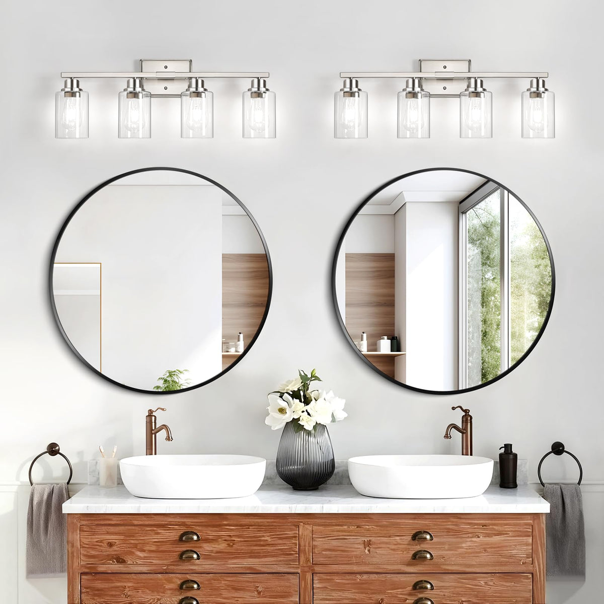 Unicozin bathroom light with clear glass shades enhances modern decor.
