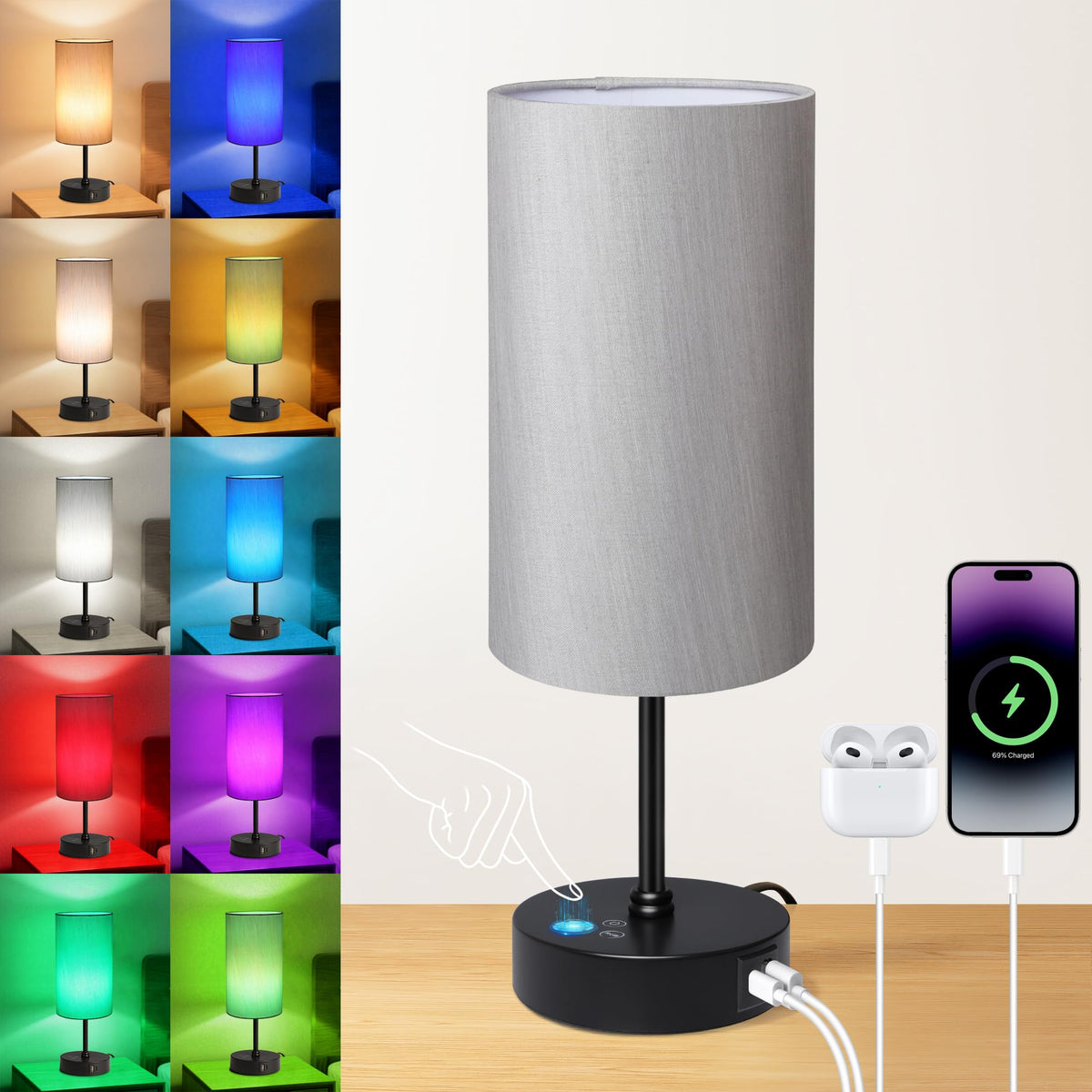 Unicozin table lamp with grey shade on nightstand for warm to cool ambient lighting.