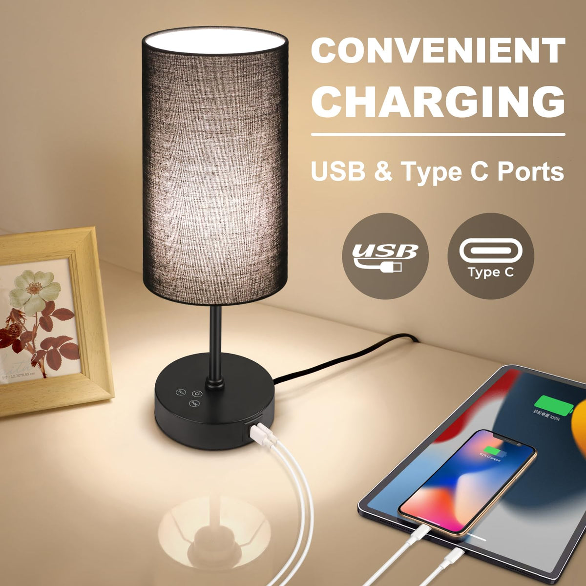 Unicozin table lamp touch-control base enables quick, hands-free operation.