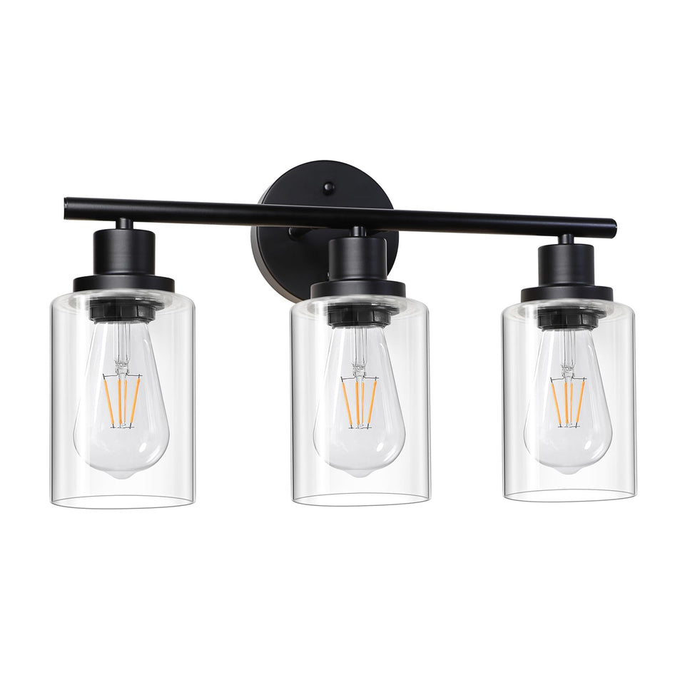 Unicozin three-light vanity fixture illuminating bathroom mirror with warm glow