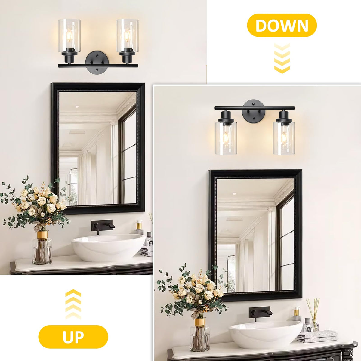Unicozin wall light with clear glass shade highlighting a mirror with bright ambience.