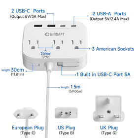 Unidapt power strip with 3 AC outlets and 4 USB ports for multiple devices.