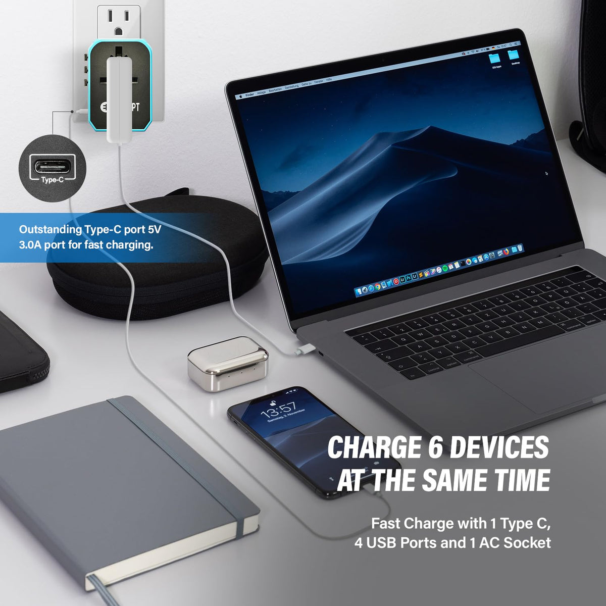 Unidapt adapter showing USB-C and USB-A ports ready for fast charging.