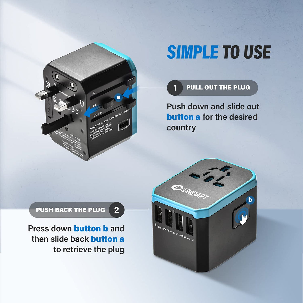 Unidapt compact travel adapter held in hand for portable use.