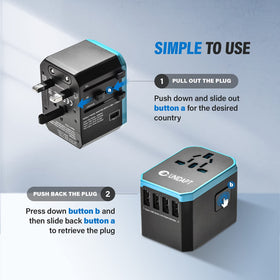 Unidapt compact travel adapter held in hand for portable use.