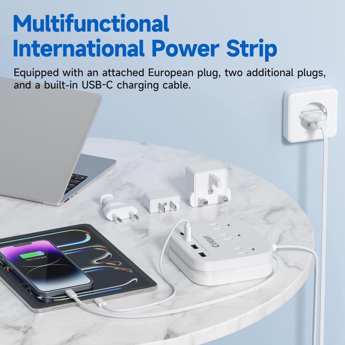 Unidapt compact travel power strip fits in a bag for trips.