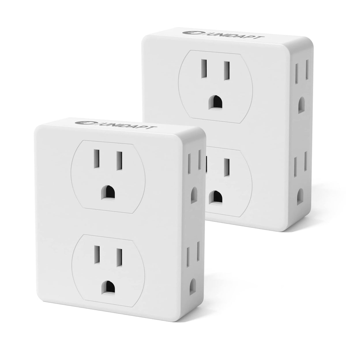 Unidapt six-outlet splitter front view for organized charging at home