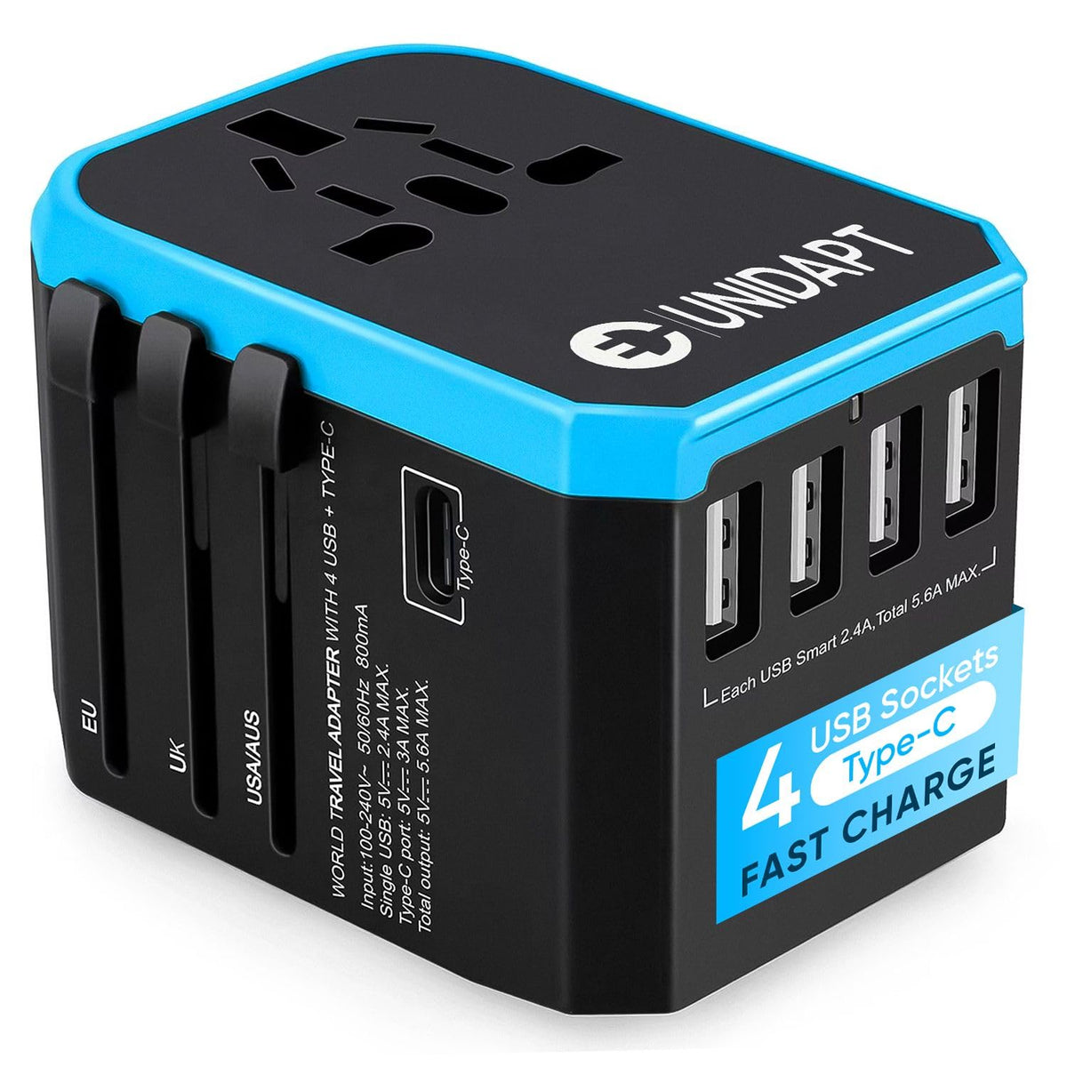 Unidapt universal travel adapter with all ports for worldwide charging.