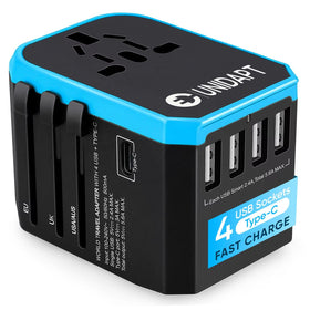 Unidapt universal travel adapter with all ports for worldwide charging.
