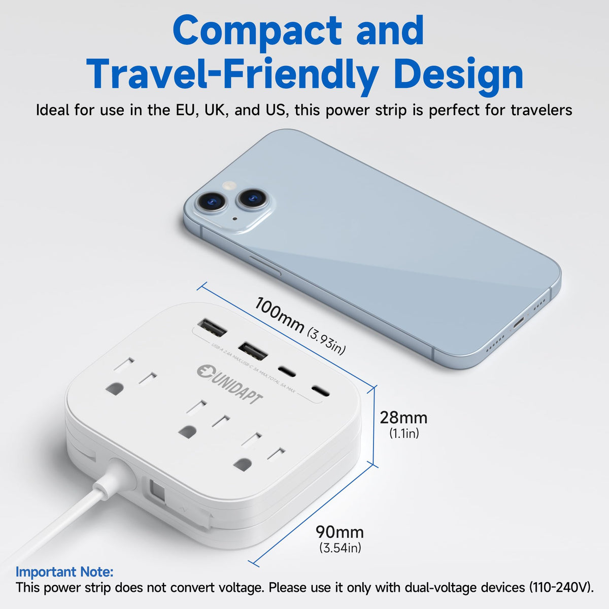 Unidapt universal EU UK US plug types for travel and home use.