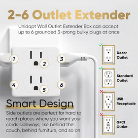 Unidapt wall tap extender with side outlets behind sofa for tidy cords