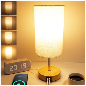 UNIFUN bedside lamp with wood base adds warm ambient lighting.