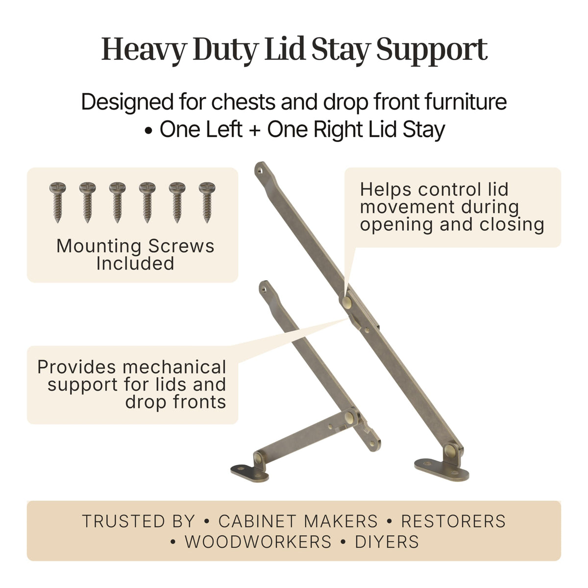 UNIQANTIQ lid stay right hinge in antique brass provides smooth lid control.