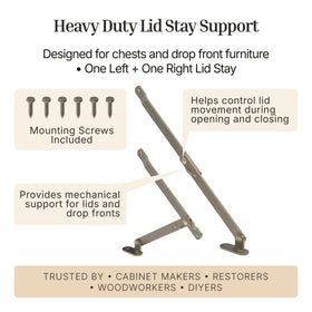UNIQANTIQ lid stay right hinge in antique brass provides smooth lid control.