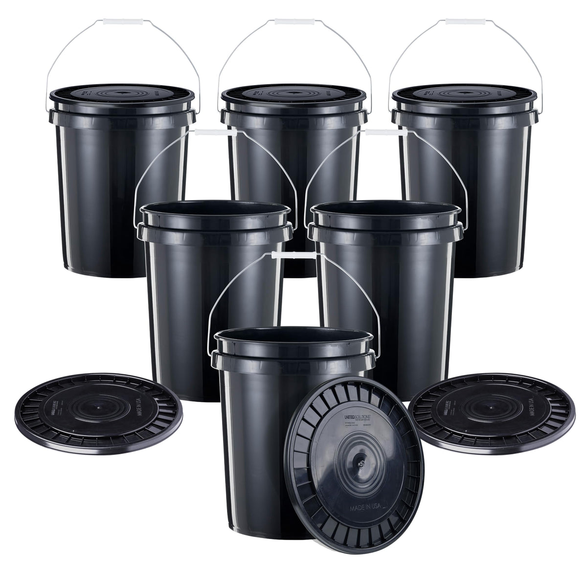 United Solutions 5-gallon bucket with snap-on lid for secure storage and easy transport.