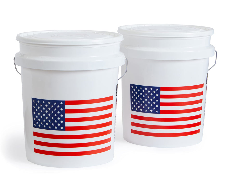 United Solutions USA flag 5-gallon bucket shown for heavy-duty on-site use