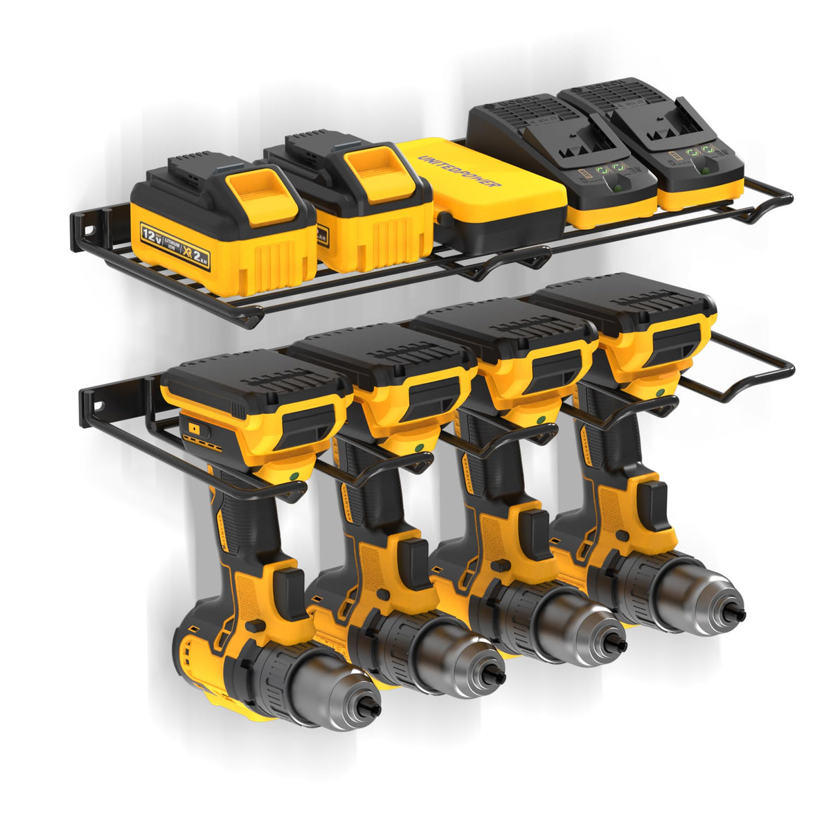UNITEDPOWER battery, charger, and bit storage keeps accessories within reach