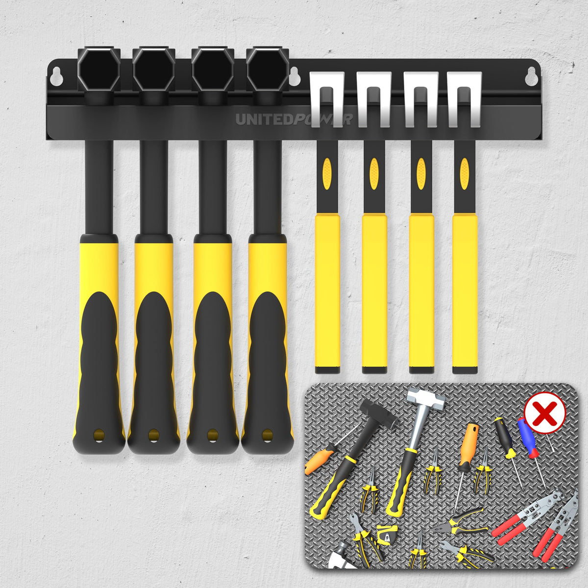 UNITEDPOWER Hammer Holder mounted on wall for quick project tool access.