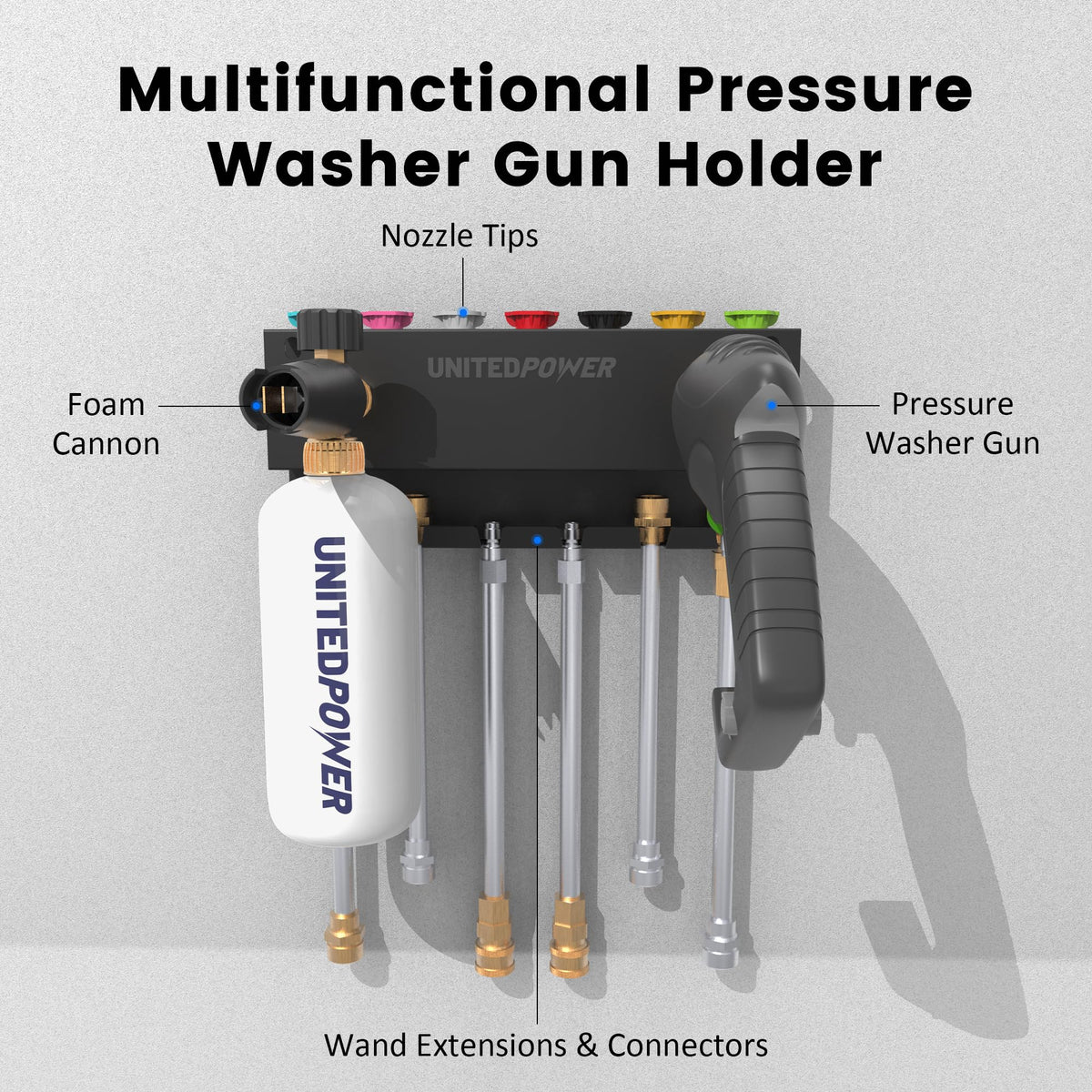 UNITEDPOWER pressure-washer wand and nozzle storage keeps essential parts within reach