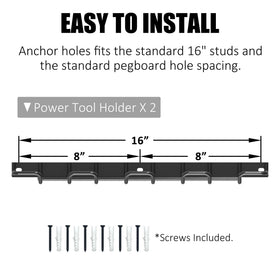 UNITEDPOWER wall rack installed on stud spacing for secure workshop storage.
