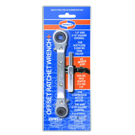 Uniweld offset ratchet wrench compact-design improves access in tight spaces.